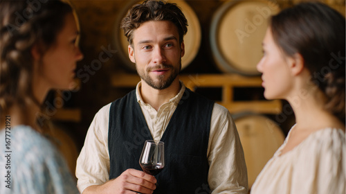 Wine tasting tourism, Enotourism. Sommelier passionately explaining wine tasting to small group in small rustic wine cellar. Young man holds a glass of wine while talking
