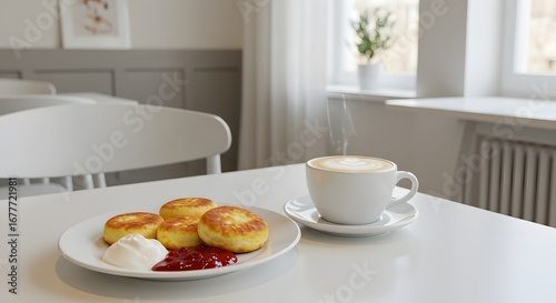 Wallpaper Mural Breakfast Still Life: A charming breakfast arrangement showcases golden cheese pancakes, a steaming cup of coffee, and vibrant accompaniments, all bathed in natural light for a cozy atmosphere. Torontodigital.ca