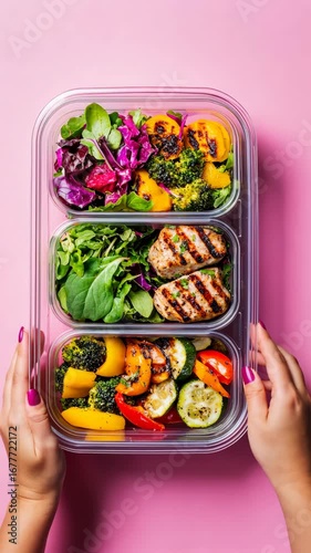 Preparing healthy meal prep containers with colorful vegetables and grilled chicken, captured overhead on a pink background