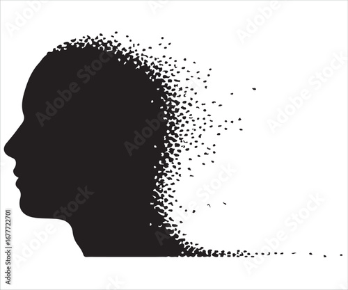 Human head dissolving into digital particles concept illustration