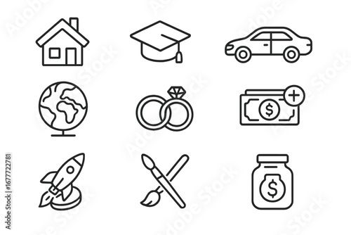 Money Goals Icons. Line style icons of money goals: dream house, college fund, new car, travel fund, wedding plan, emergency