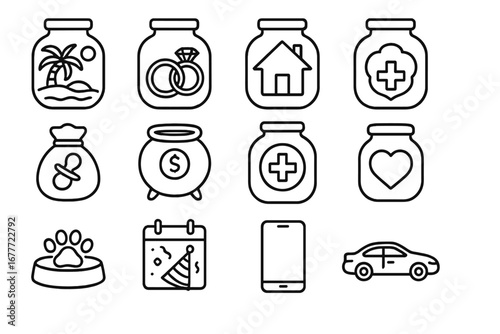 Goal-Based Saving Icons. Line style icons of goal-based saving: vacation jar, wedding savings, home deposit, college fund, baby