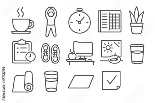 Healthy Remote Work Routine. Line style icons of healthy work-from-home routine: morning coffee, stretching person, focus timer,