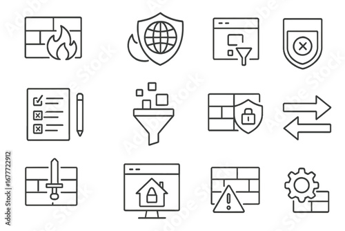 Firewall Icons. Line style icons of firewalls and filters: firewall bricks, internet shield, rule-based block, access list icon,