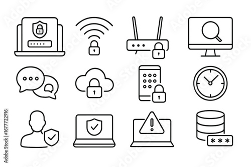 Remote Work Security Icons. Line style icons of security in remote work: secure VPN login, private Wi-Fi icon, home router with