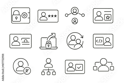 Identity Management Icons. Line style icons of digital identity management: identity vault, account credentials icon, unified