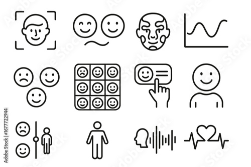 Emotion Recognition Icons. Line style icons of emotion recognition: facial emotion detection, smile vs frown icon, emotional