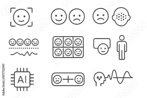 Emotion Recognition Icons. Line style icons of emotion recognition: facial emotion detection, smile vs frown icon, emotional