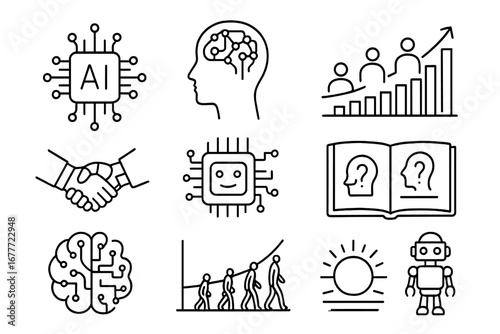 Futuristic AI Icons. Line style icons of future of AI: general AI symbol, superintelligence icon, AI society chart, human-AI