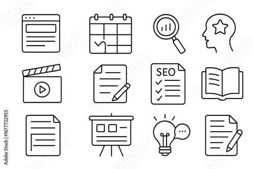 Content Marketing Icons. Line style icons of content marketing tools: blog post icon, content calendar, keyword planner,