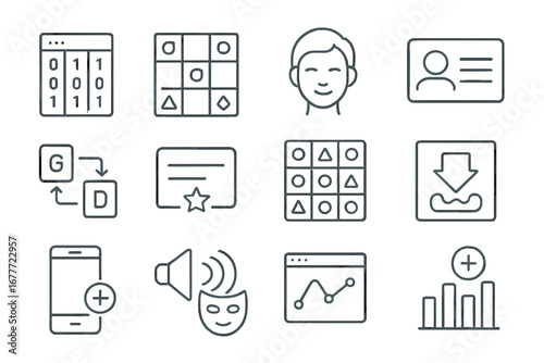 Synthetic Data Icons. Line style icons of synthetic data generation: artificial dataset, random image grid, fake face icon,