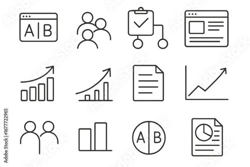Marketing Experiment Icons. Line style icons of marketing experiments: A/B test icon, test groups, experiment setup, variant page,