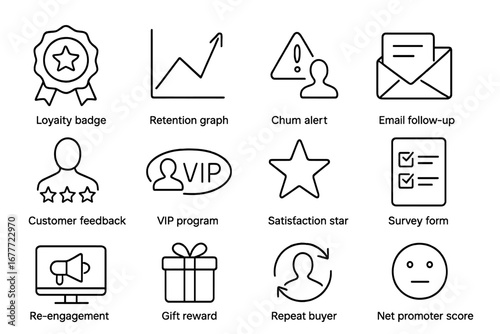 Customer Retention Icons. Line style icons of customer retention: loyalty badge, retention graph, churn alert, email follow-up,
