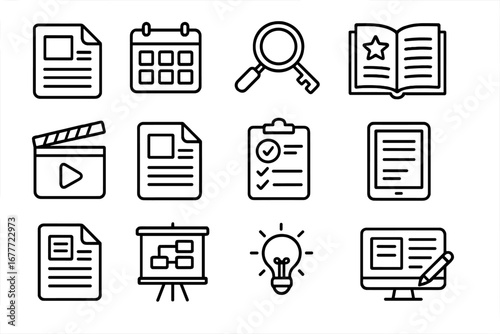Content Marketing Icons. Line style icons of content marketing tools: blog post icon, content calendar, keyword planner,
