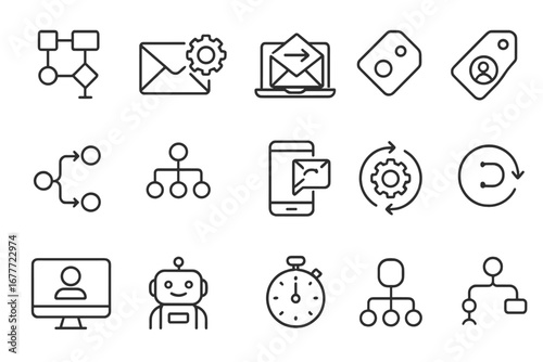Marketing Automation Icons. Line style icons of marketing automation: workflow builder, triggered email icon, auto-responder,