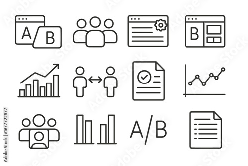 Marketing Experiment Icons. Line style icons of marketing experiments: A/B test icon, test groups, experiment setup, variant page,