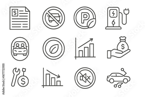 EV Ownership Icons. Line style icons of EV ownership benefits: tax credit form, reduced toll icon, green parking badge, free