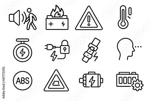 EV Safety Icons. Line style icons of EV safety systems: pedestrian alert speaker, battery fire icon, insulation alert, overheat
