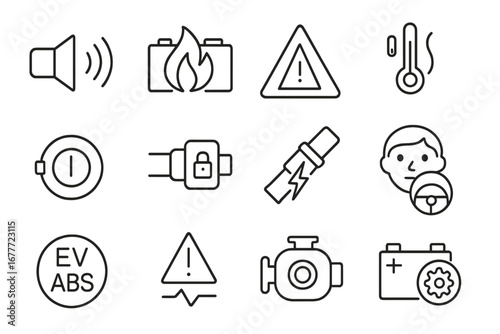 EV Safety Icons. Line style icons of EV safety systems: pedestrian alert speaker, battery fire icon, insulation alert, overheat
