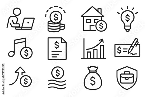 Income Type Icons. Line style icons of income types: active income icon, passive income symbol, rental property icon, royalties