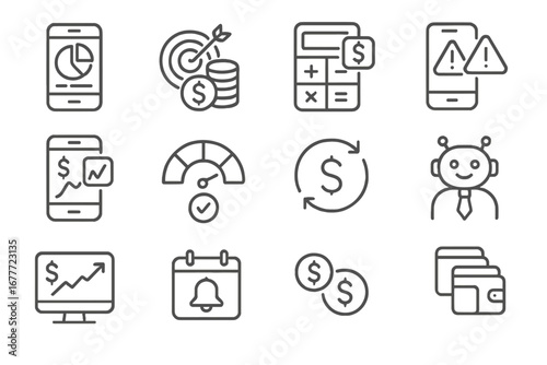 Financial App Icons. Line style icons of financial apps and tools: budgeting app icon, savings goal tracker, loan calculator,