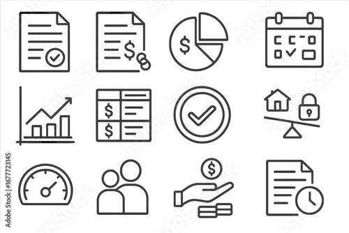 Smart Borrowing Icons. Line style icons of smart borrowing: borrowing purpose sheet, loan terms icon, interest cost pie, repayment