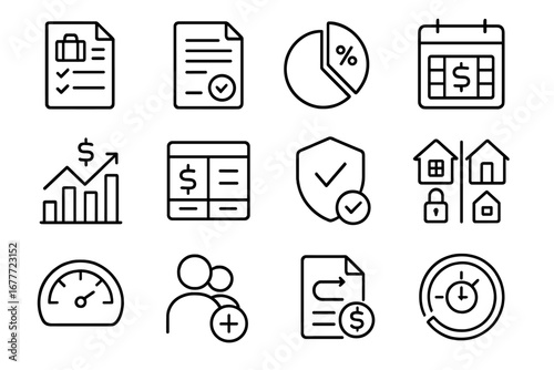 Smart Borrowing Icons. Line style icons of smart borrowing: borrowing purpose sheet, loan terms icon, interest cost pie, repayment
