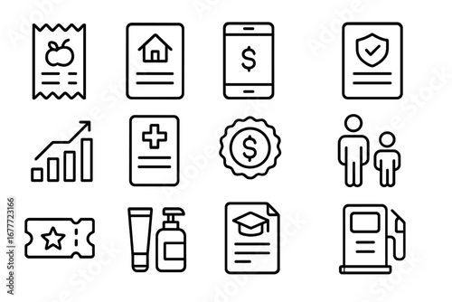 Budget Icons Collection. Line style icons of budget categories in detail: grocery receipt icon, rent payment file, phone bill icon