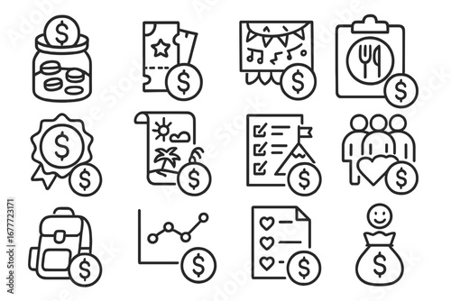 Experience Savings Icons. Line style icons of saving for experiences: travel fund jar, concert ticket goal, festival budget icon,