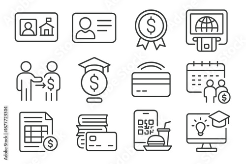 Student Banking Icons. Line style icons of student banking features: campus card icon, student ID verification, no-fee account