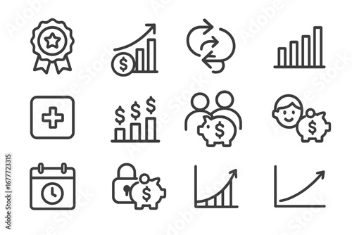 Savings Account Icons. Line style icons of savings account features: high-yield badge icon, interest earned tracker, automated