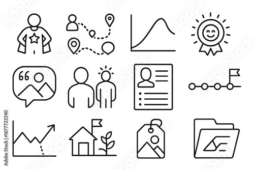 Storytelling Marketing Icons. Line style icons of storytelling in marketing: brand hero icon, customer journey map, story arc