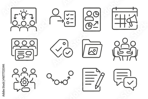 Marketing Collaboration Icons. Line style icons of marketing team collaboration: team brainstorm board, task assignment icon,