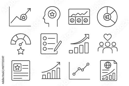 Brand Metrics Icons. Line style icons of brand metrics and KPIs: brand awareness graph, brand recall test icon, sentiment score