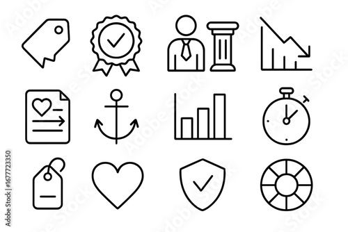 Marketing Psychology Icons. Line style icons of marketing psychology principles: scarcity icon, social proof badge, authority