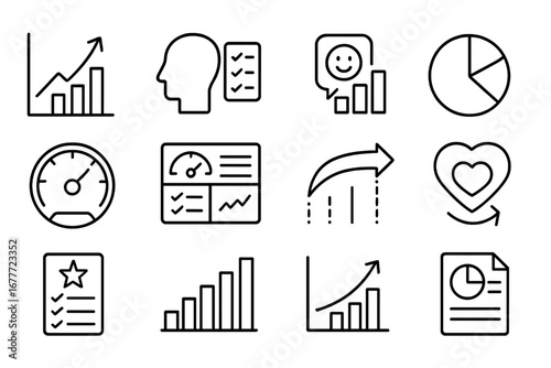 Brand Metrics Icons. Line style icons of brand metrics and KPIs: brand awareness graph, brand recall test icon, sentiment score