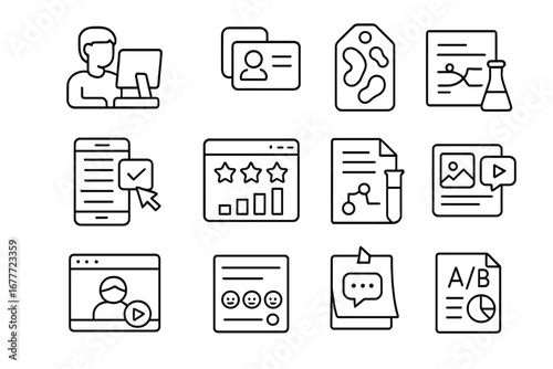 Testing Tools Icons. Line style icons of feedback and testing tools: user testing icon, usability session card, heatmap report tag
