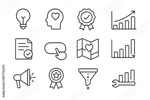 Conversion Funnel Icons. Line style icons of conversion funnel stages: awareness icon, interest icon, consideration stage badge,