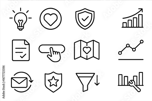 Conversion Funnel Icons. Line style icons of conversion funnel stages: awareness icon, interest icon, consideration stage badge,