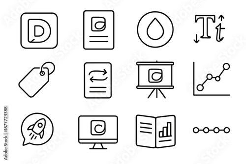 Rebranding Line Icons. Line style icons of rebranding campaign visuals: logo redesign icon, new brand guidelines file, color