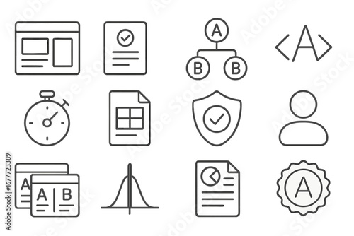 Multivariate Testing Icons. Line style icons of multivariate testing tools: variation setup panel, test metric selector, traffic