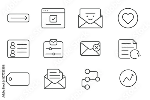 Newsletter Flow Icons. Line style icons of newsletter subscription flows: signup form field, double opt-in screen, welcome email