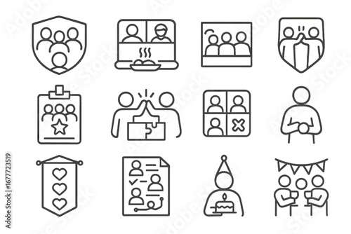 Icons of Team Building. Line style icons of team building and culture: group activity badge, virtual team lunch icon, team outing