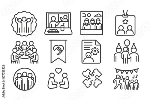 Icons of Team Building. Line style icons of team building and culture: group activity badge, virtual team lunch icon, team outing