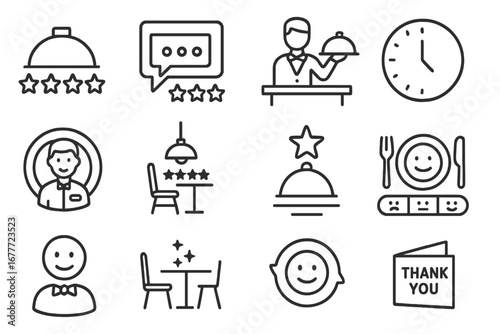 Customer Experience Icons. Line style icons of customer experience: food rating icon, comment card, table service symbol, waiting