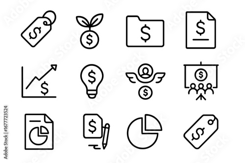 Startup Funding Icons. Line style icons of startup funding stages: pre-seed tag, seed funding icon, series A folder, series B file