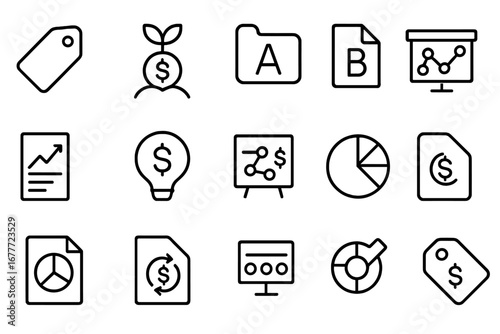Startup Funding Icons. Line style icons of startup funding stages: pre-seed tag, seed funding icon, series A folder, series B file