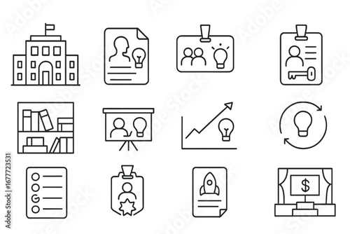 Innovation Lab Icons. Line style icons of innovation labs and incubators: incubator building icon, innovation mentorship file,