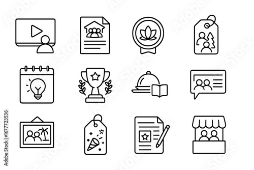 HR Event Icons. Line style icons of HR events and engagement: HR webinar icon, company townhall file, wellness day badge, team