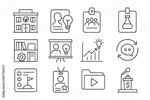 Innovation Lab Icons. Line style icons of innovation labs and incubators: incubator building icon, innovation mentorship file,
